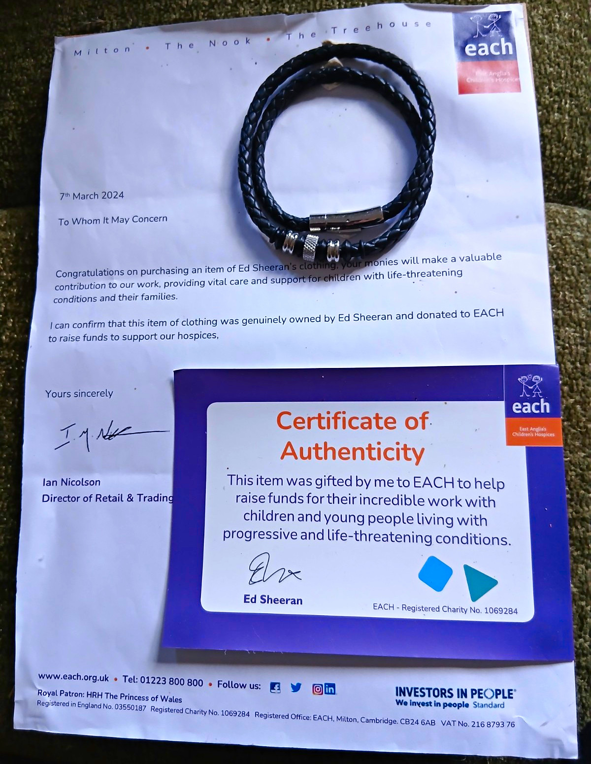 Official Ed Sheeran Personally Owned & Worn Bracelet – EACH Charity COA Included