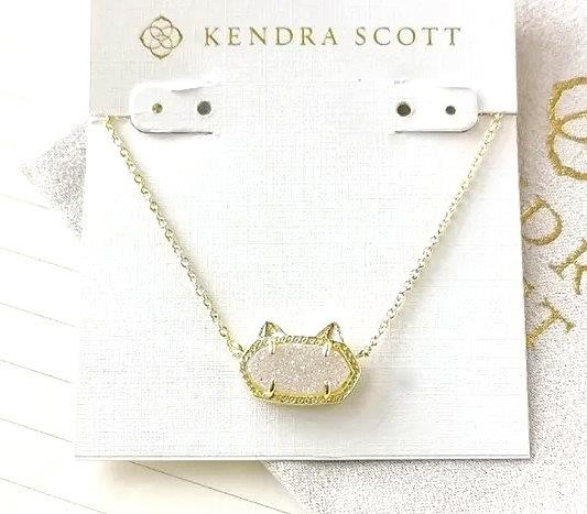 ⭐️Kendra Scott Elisa Cat Kitty Gold Plated White Drusy pendant necklace new