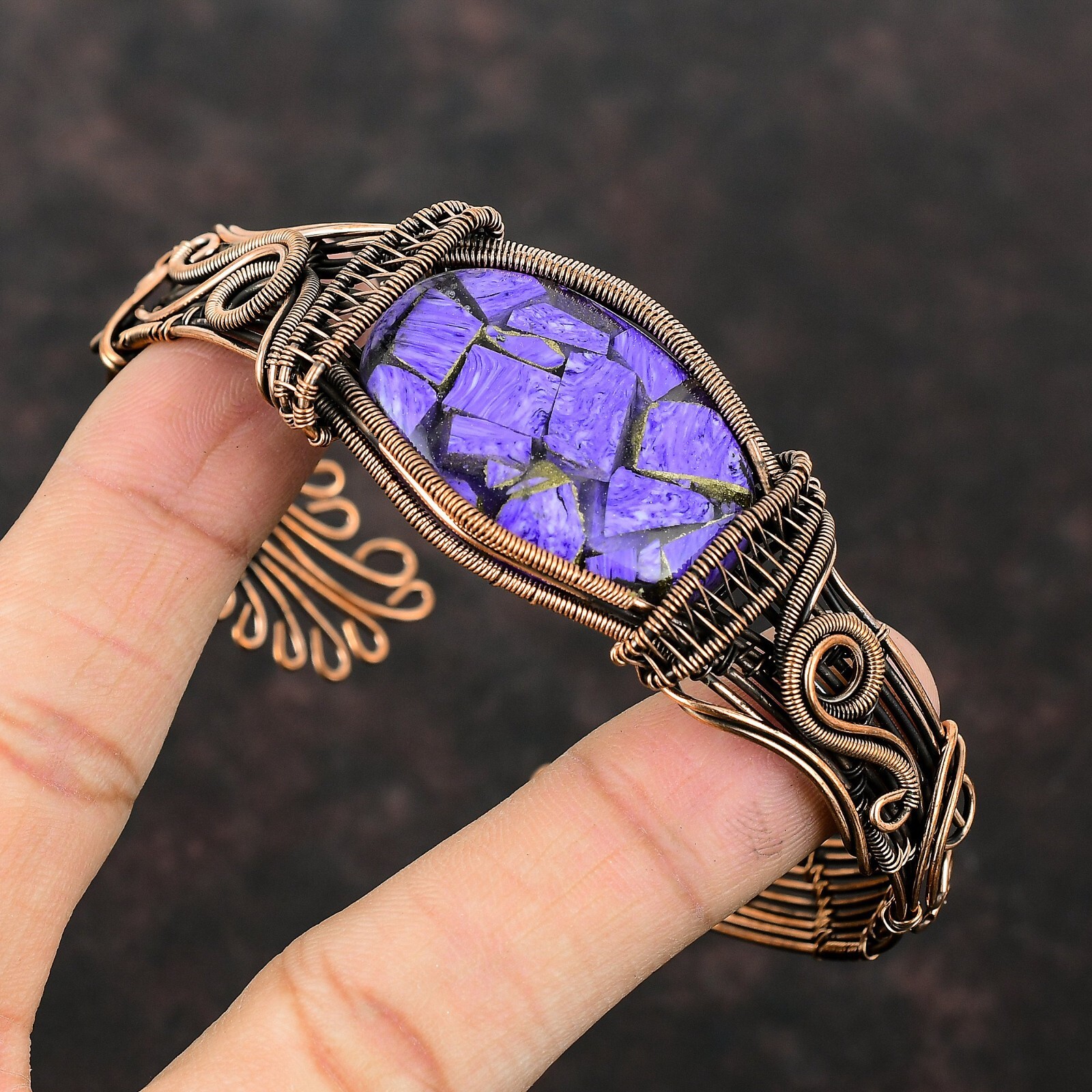 Gift For Her Russian Charoite Wire Wrapped Adjustable Cuff Copper Jewelry