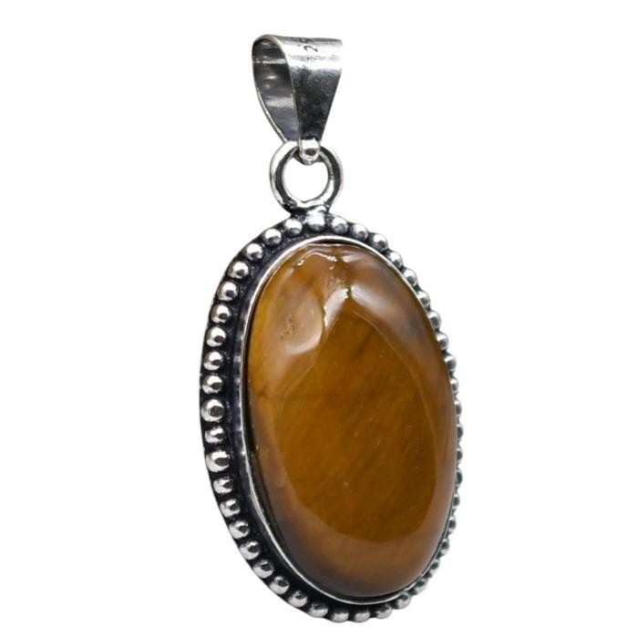 Tiger Eye Natural Gemstone Antique Silver Plated Pendant 1.25″ J 1078