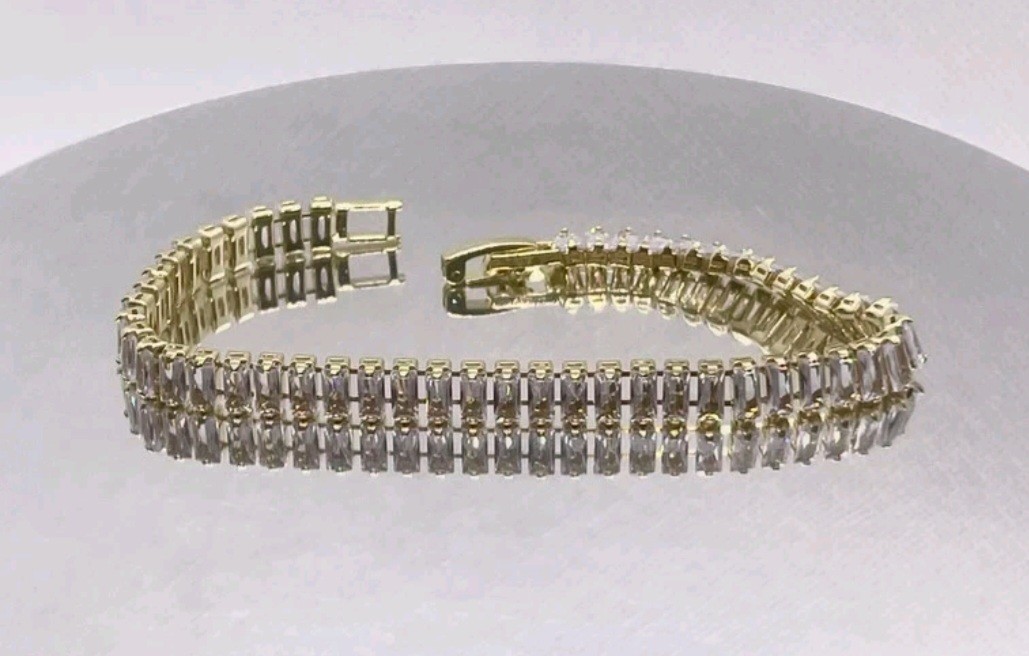 14k yellow gold plated tennis bracelet baguette cut simulated diamonds 7” long