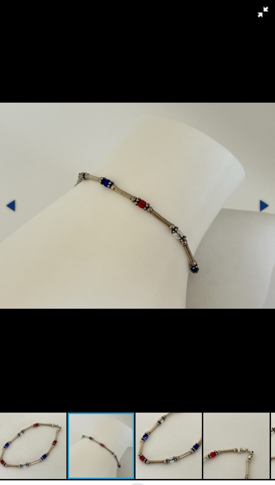 Sterling Bar Link Beaded Bracelet Red Blue Round Glass Beads Lobster Clasp
