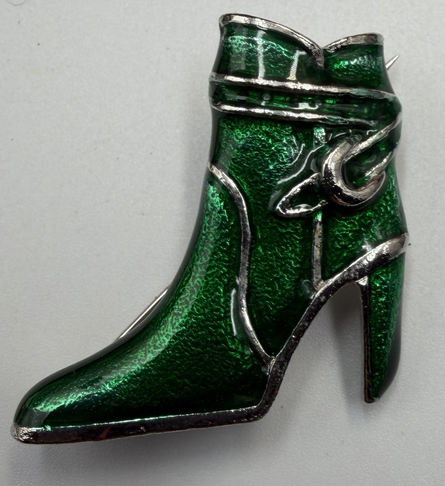Fancy High Heel Green Boot Enamel Lapel Pin Silver Tone