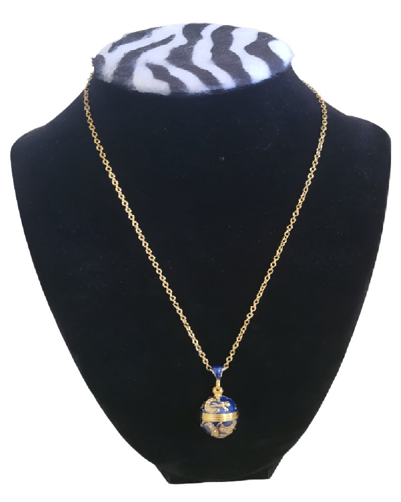 Russian Faberge Inspired Easter Enamel Egg Pendant Dark Blue w/ Gold Color Chain