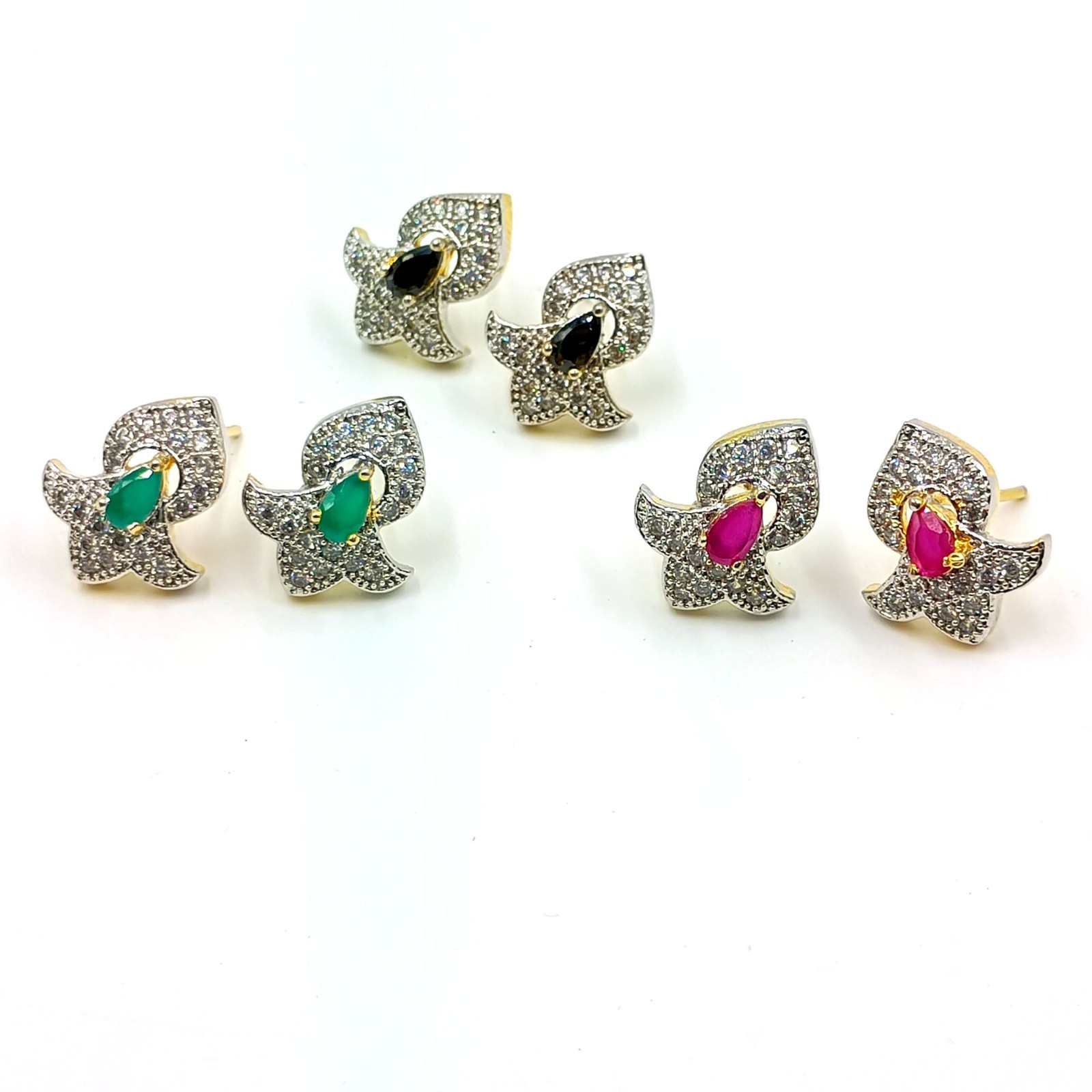 Gold Plated Stud Earrings Ruby Emerald Black Onyx CZ South Indian Wedding Style