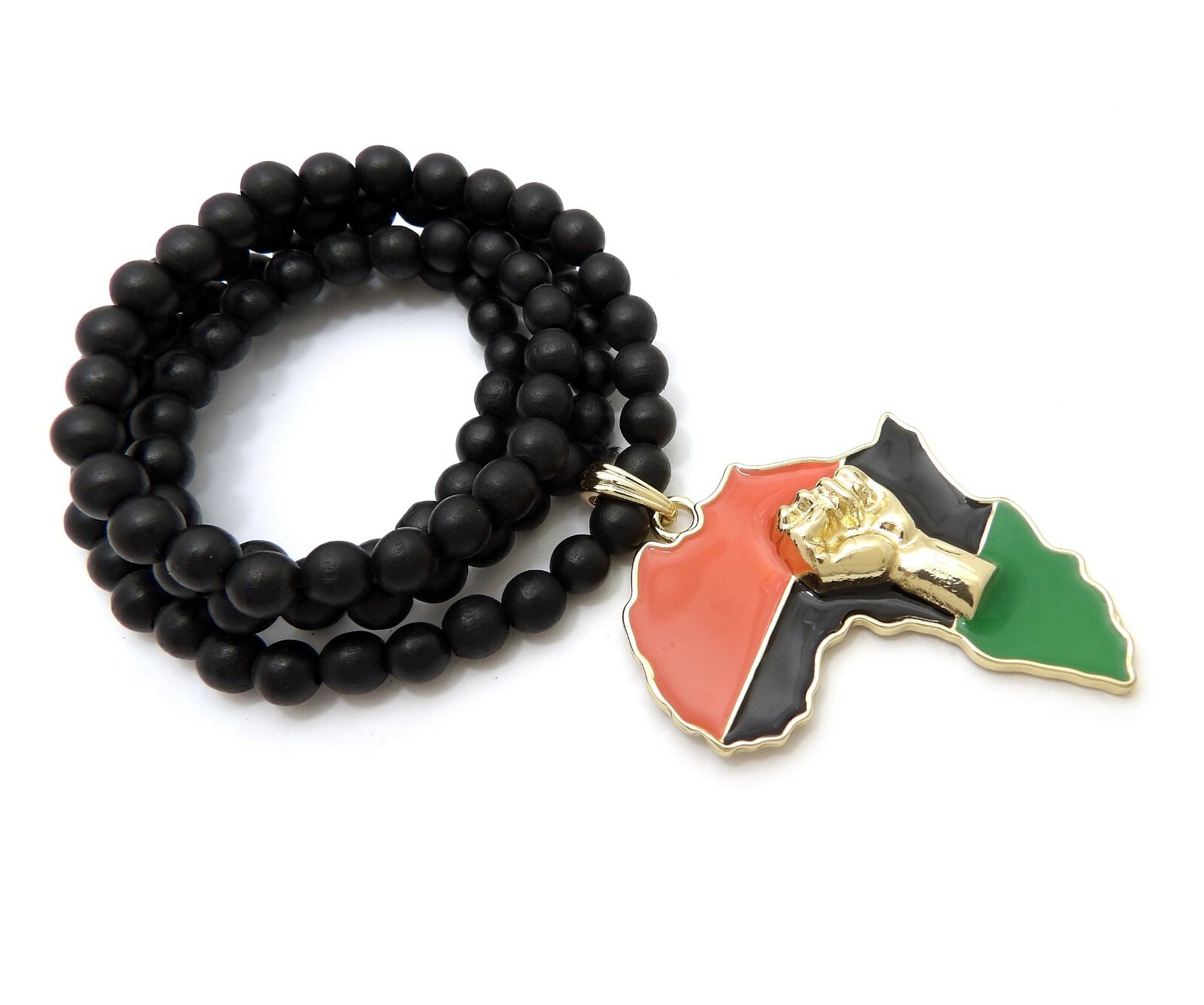 Fist Power in Africa Pendant & 8mm 30″ Wooden Wood Bead Chain Fashion Necklace