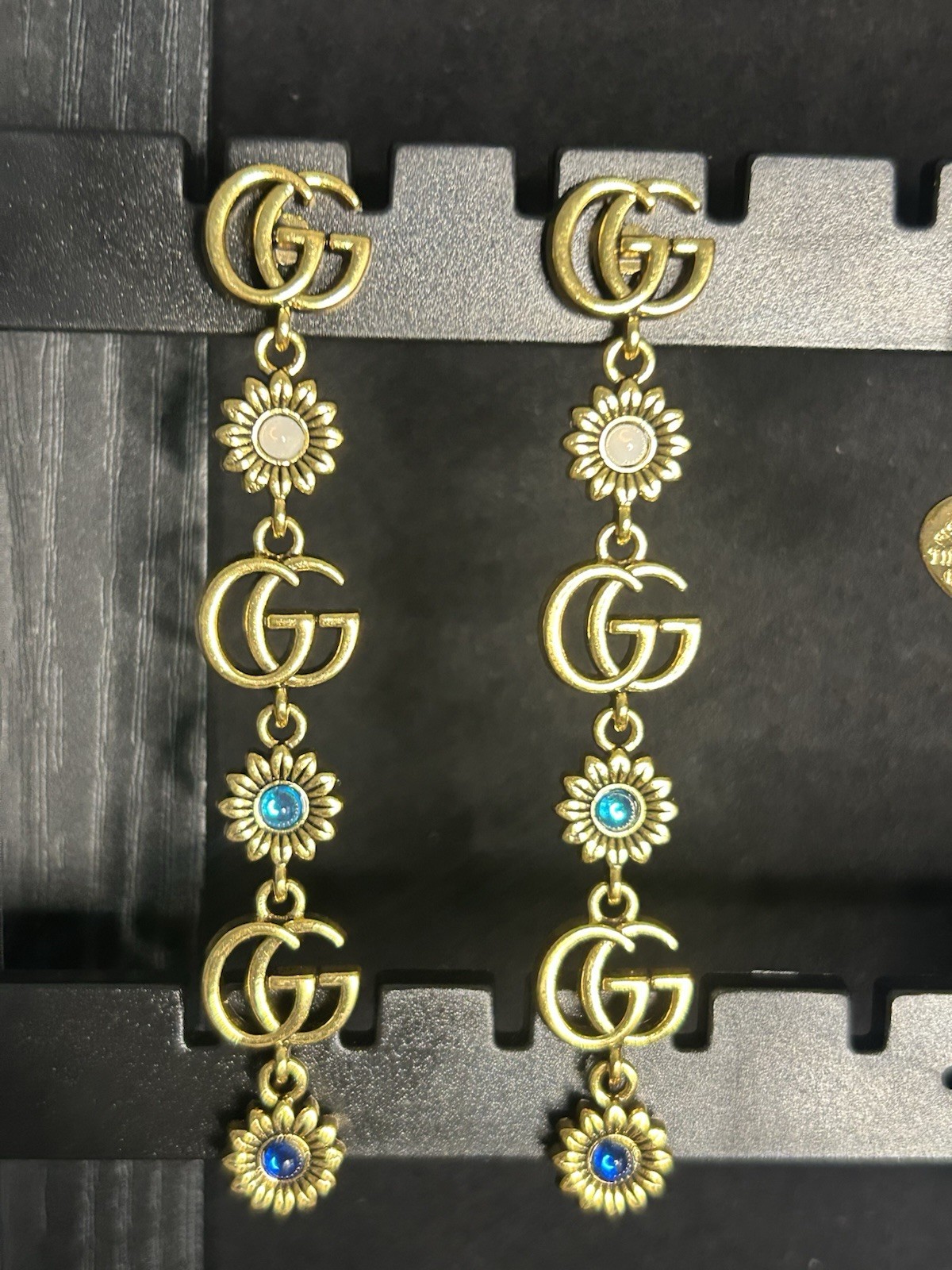 Gucci GG Double G Gold Tone Dangle Drop Earrings w/ Flower Charms Blue Accents