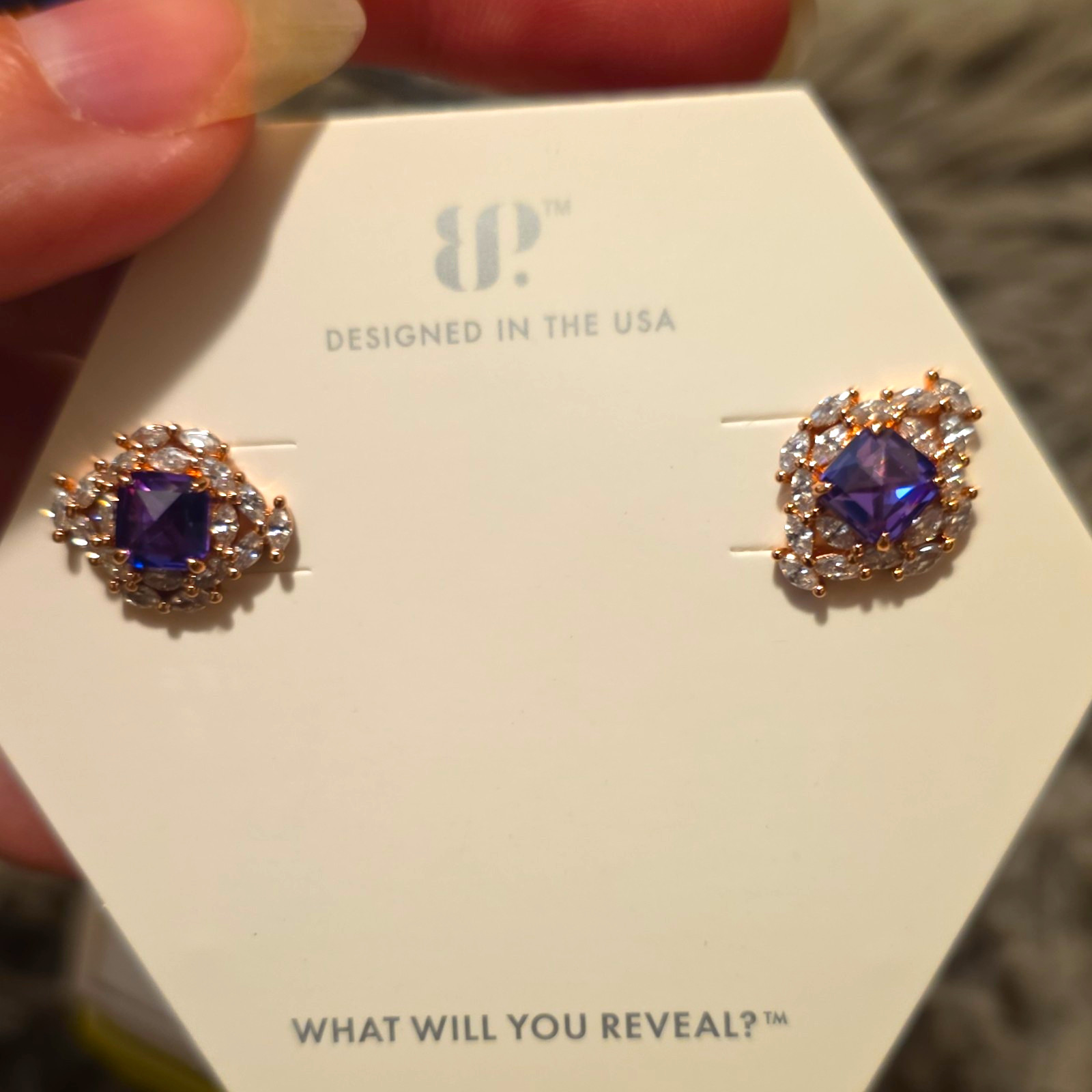 BP Stud Earrings Rose Gold Plated Dark Purple Square CZ Butterfly ER14843