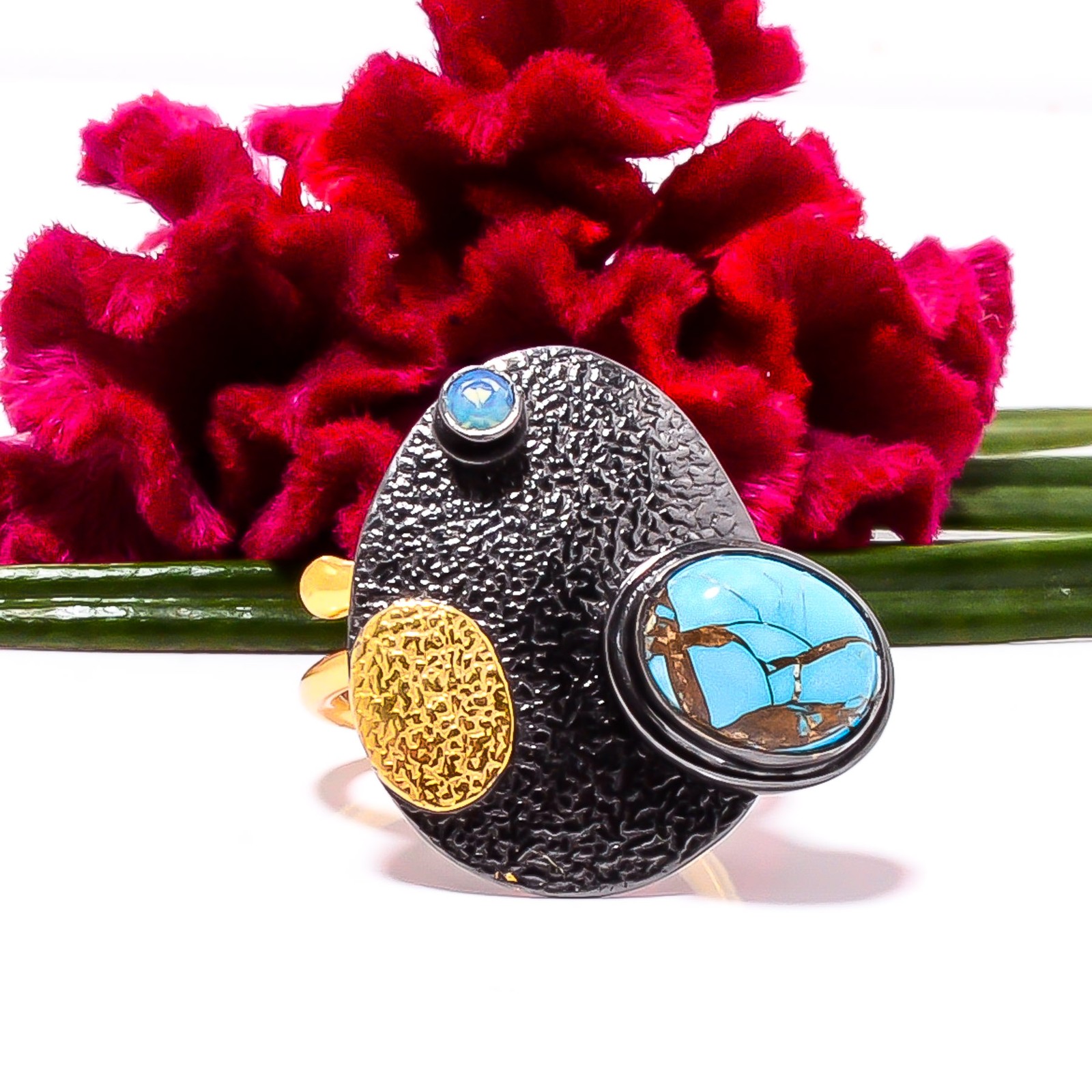 Copper Blue Turquoise, Opal Gold Plated 925 Sterling Silver Ring s.7.5 Sku36