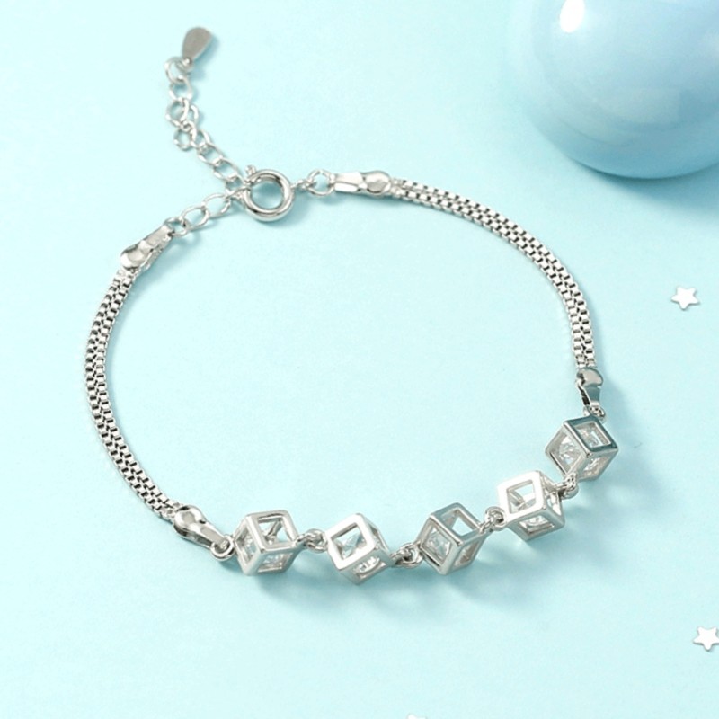 Silver Tone Hollow Square Cube CZ Double Box Chain Adjustable Bracelet