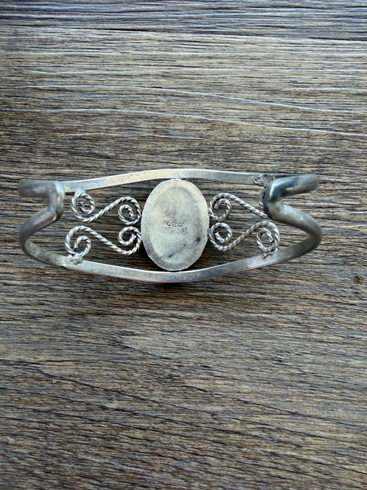 Vintage Alpaca Silver Open Wire Cuff Bracelet Oval Green Malachite Stone Boho