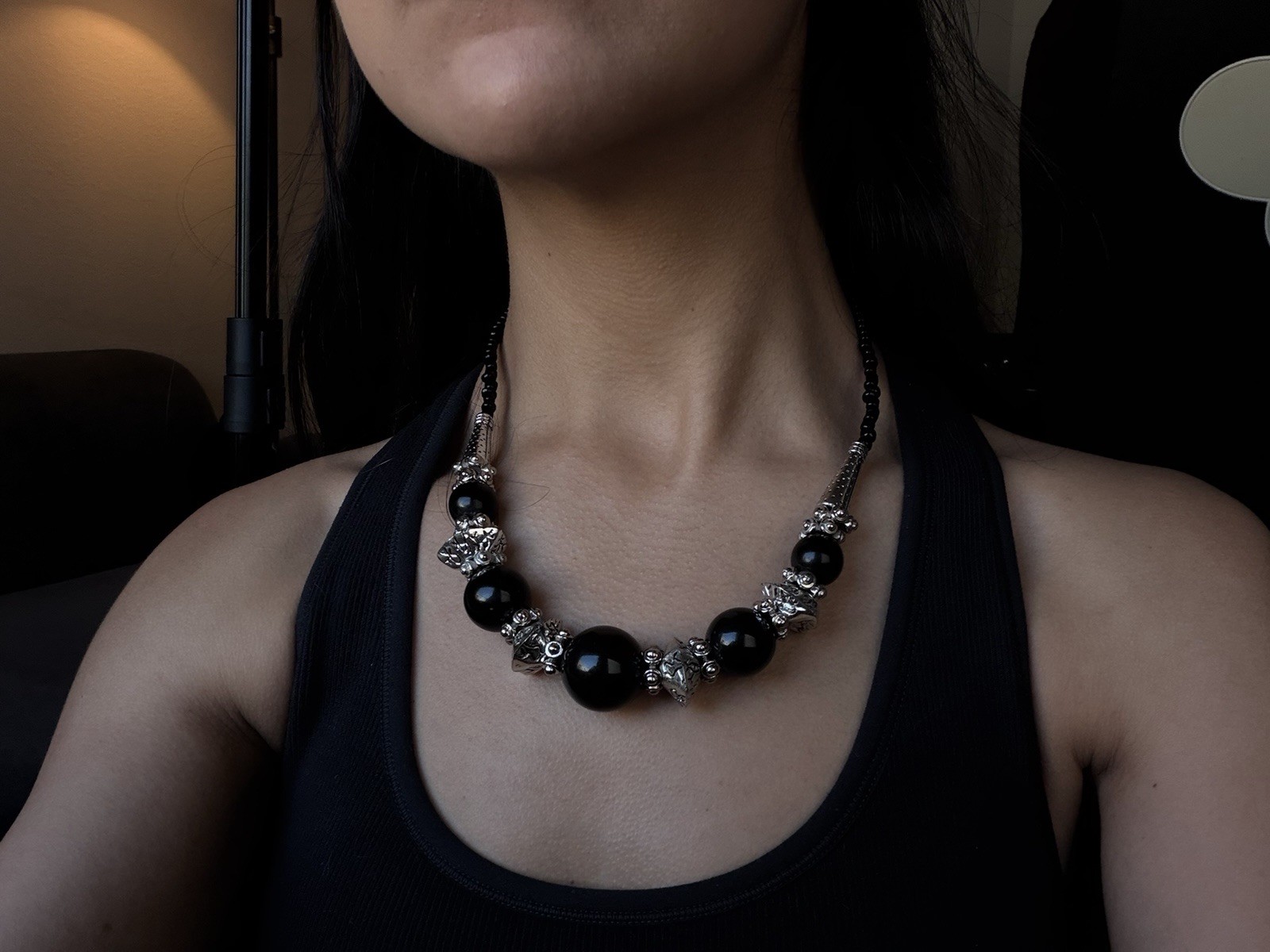 Black Beaded Statement Necklace Silver Tone Leaf Spacers Ball/Bead Chain