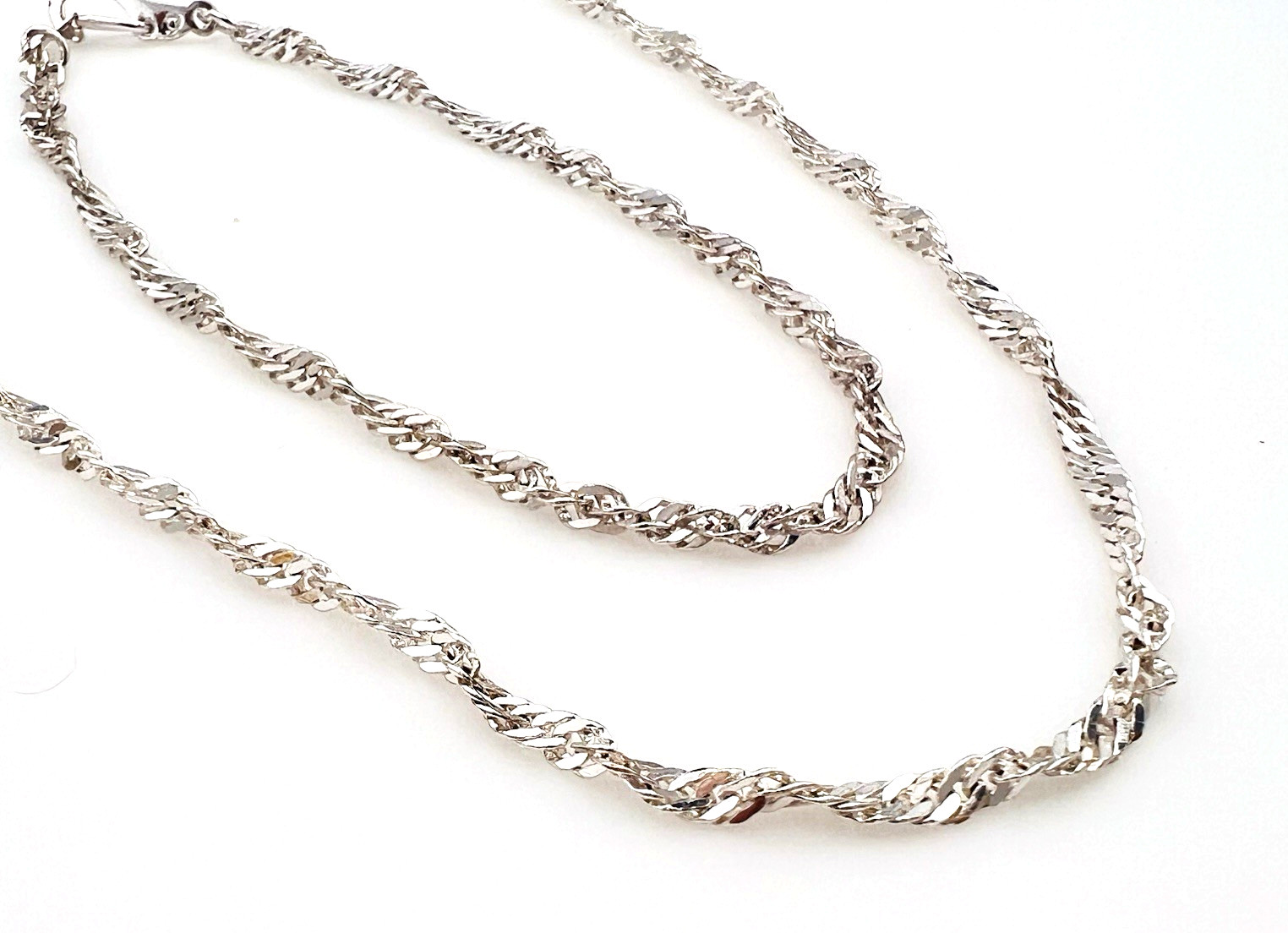 Silver Tone Diamond Cut Twisted Curb Chain Necklace Bracelet Jewelry Set