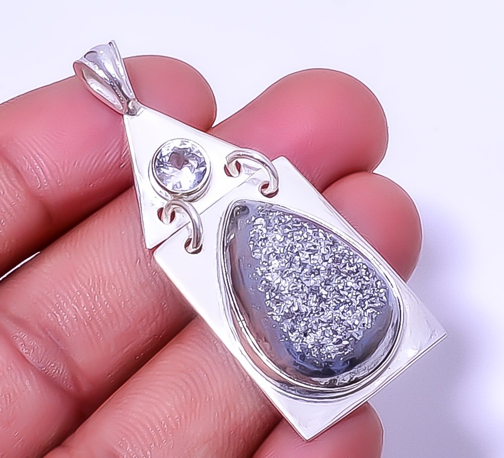 Titanium Carbon Agate Drusy 925 Silver Plated Designer Pendant 2.15″ P7611-33