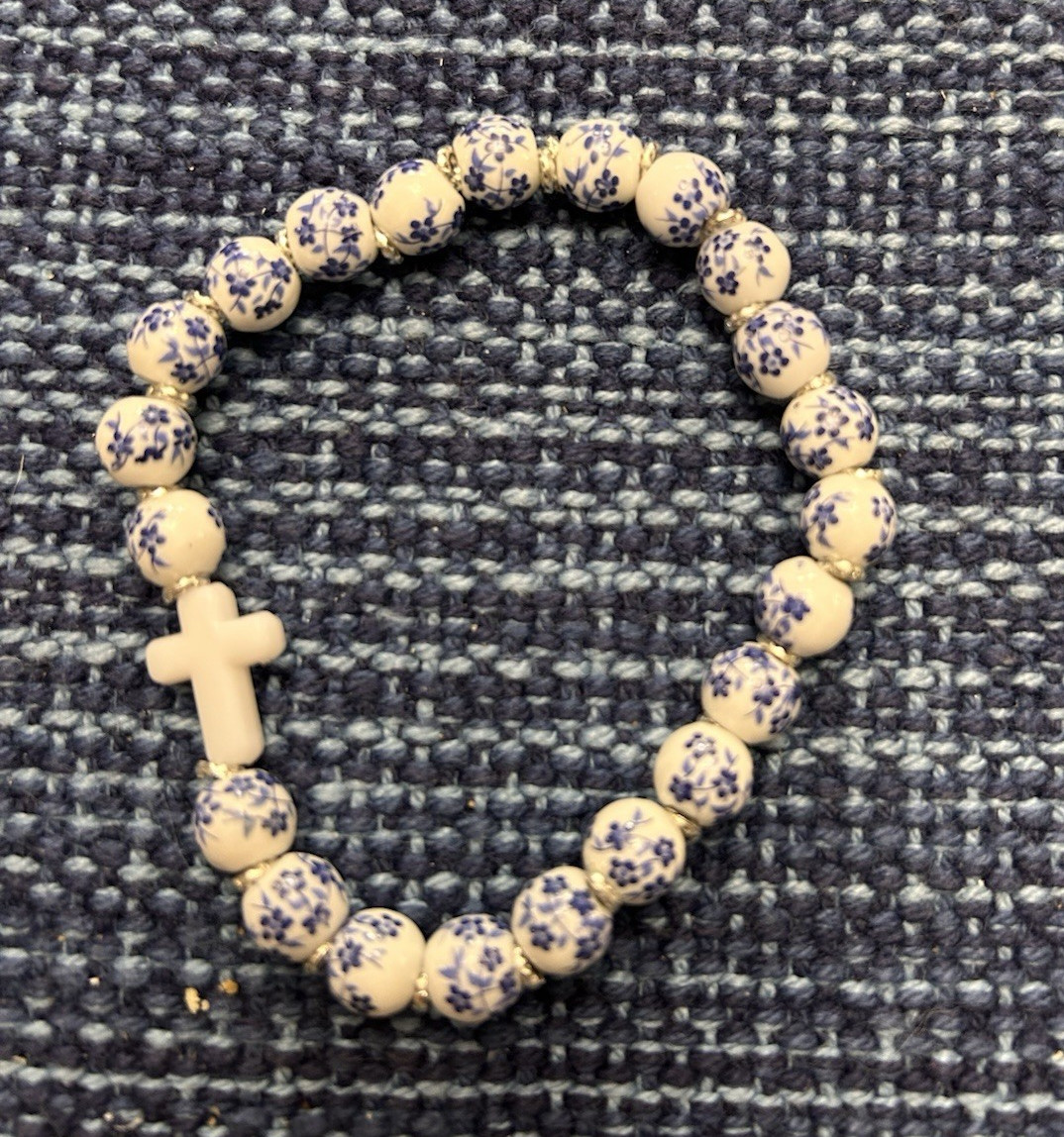 White & Blue Beaded Stretch Bracelet w/Cross Charm Religious Theme