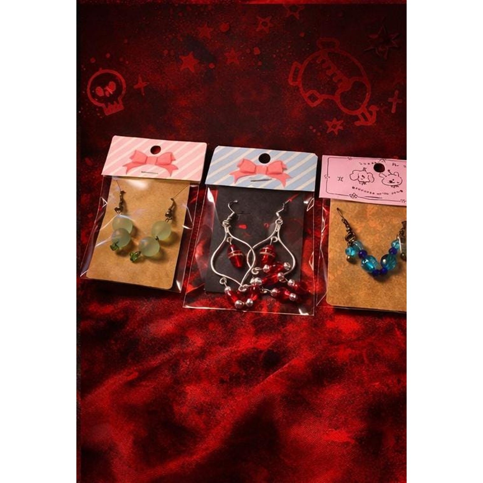 Handmade Beaded Earrings – 3-Pair Dangle Set | Red, Seafoam Green & Blue