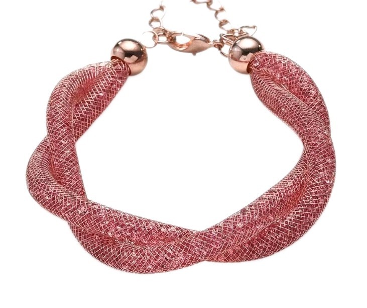 Pink Swarvosky Crystal Twisted Rope Bracelet in Rosetone (9.5-11.5In)