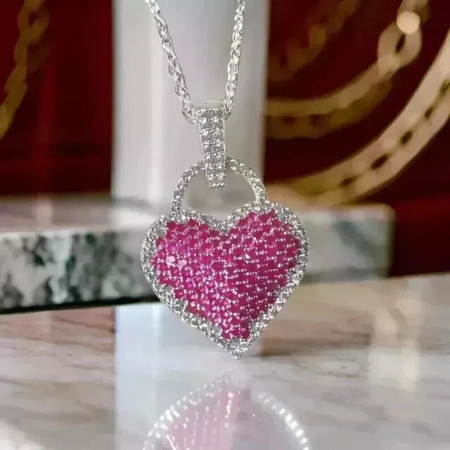 2Ct Round Lab Created Pink Sapphire Heart Pendant 14K White Gold Plated 18″Chain
