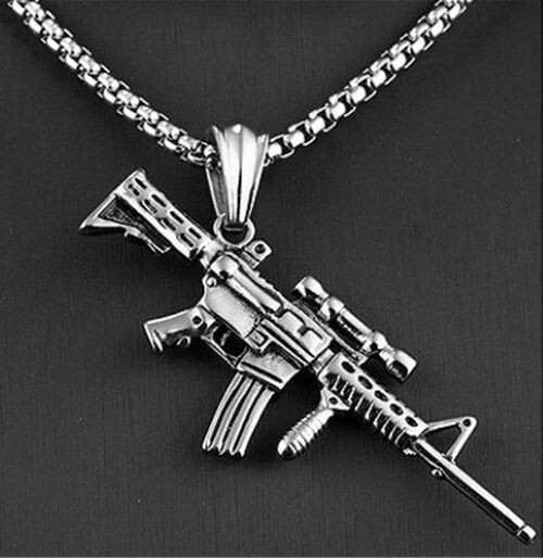 Silver Army AK47 Machine Gun Stainless Steel Pendant Necklace, Second Amendment