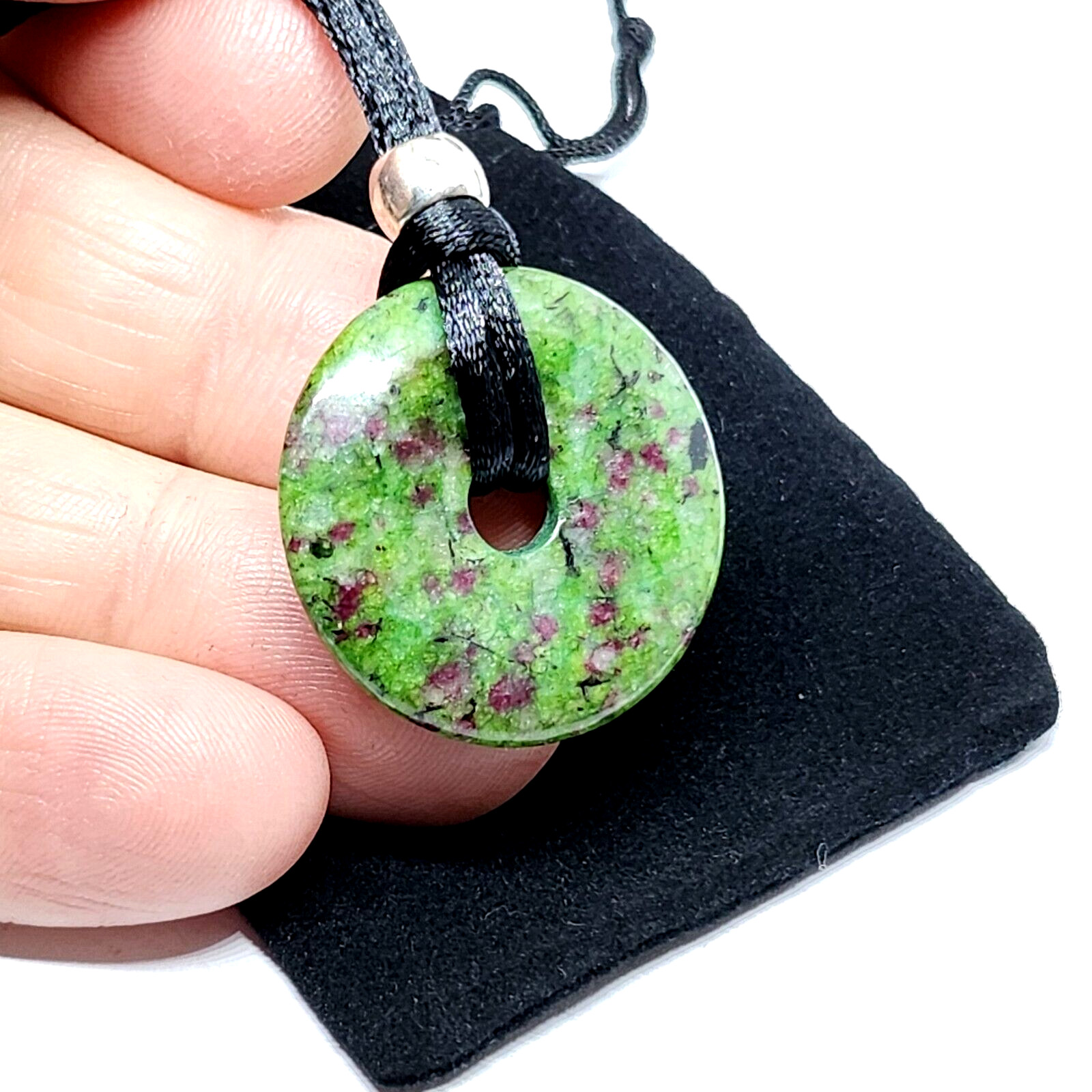 Anyolite Ruby Zoisite Donut Pendant 30mm Beaded Cord New Bohemia Necklace & Bag