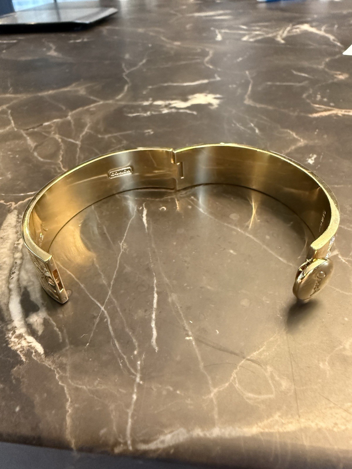 Coach Signed Gold-Tone Hinged Bangle Bracelet Pavé Crystal Accents