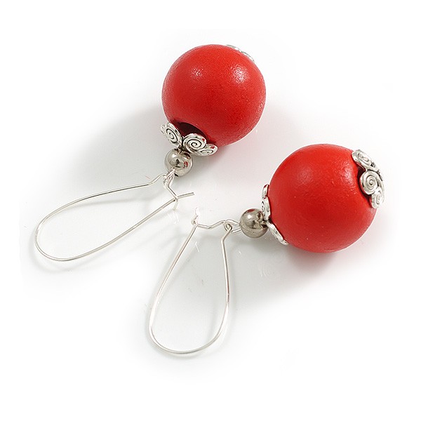 20mm Diameter Red Wood Dangle Bead Kidney Wire Closure Earrings in Silver Tone
