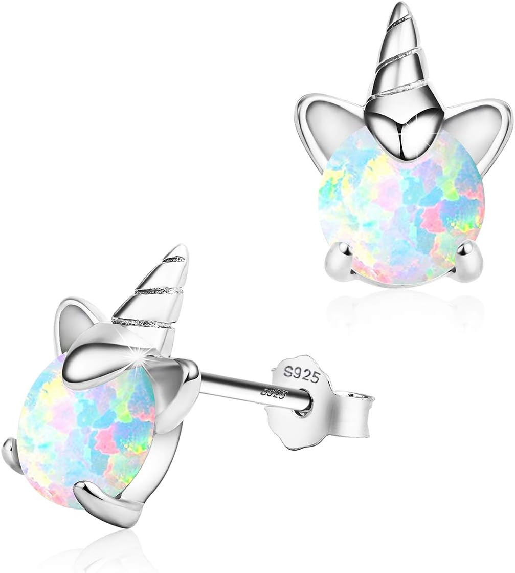 Unicorn Earrings for Girls, Hypoallergenic Fire Opal Stud Earrings S925 Sterlin