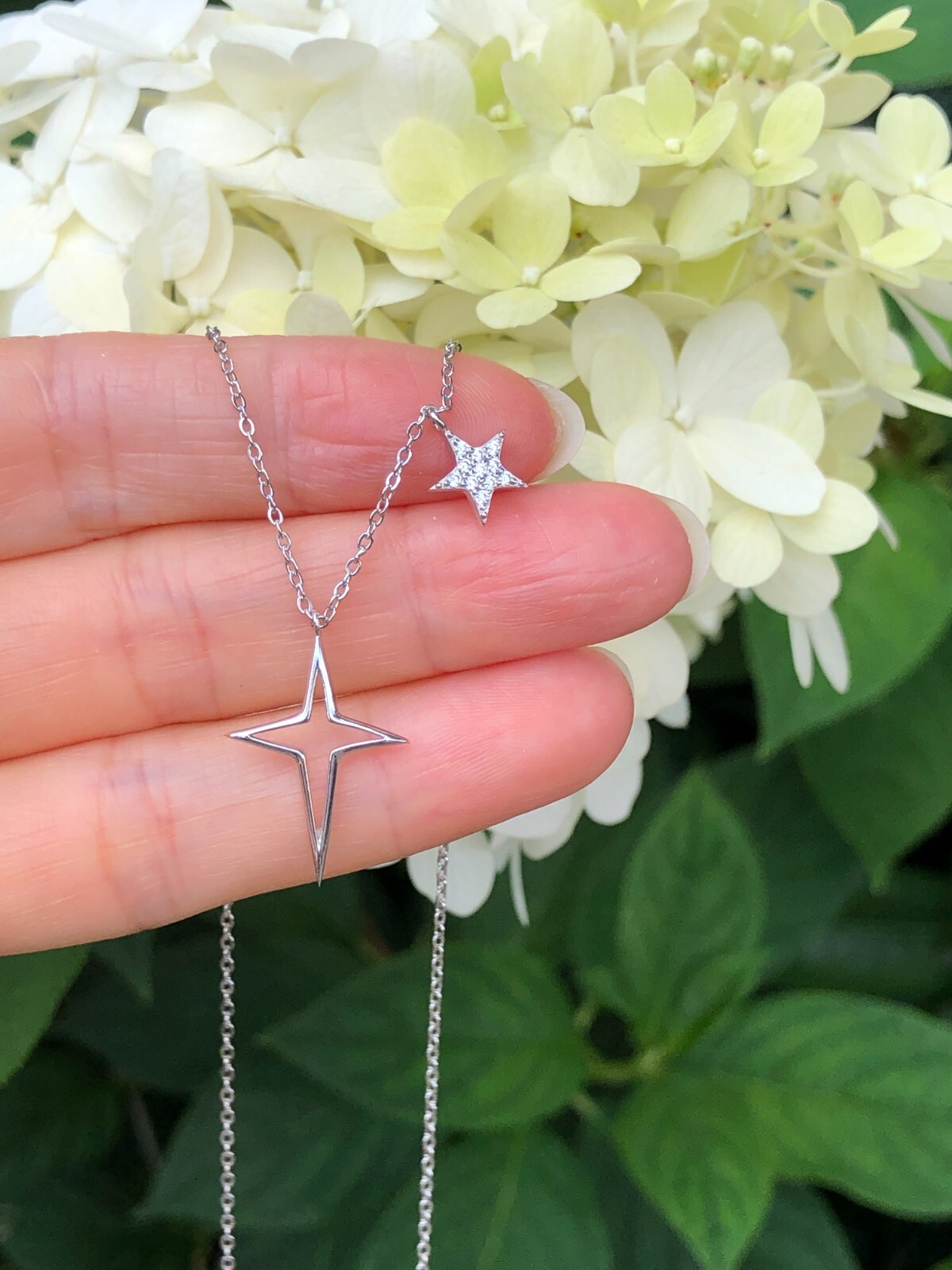 Star & North Star Pendant Necklace Sterling Silver 925 CZ Women 7mm/19mm(0.75″)