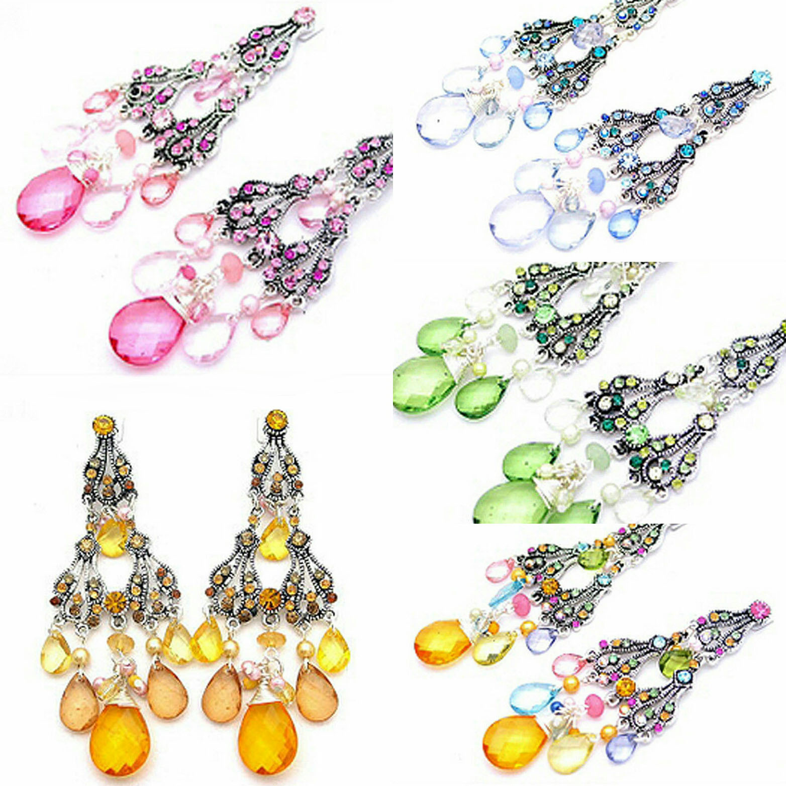 DESIGNER INSPIRED PINK GREEN BLUE GOLD CHANDELIER CRYSTAL ACRYLIC EARRINGS
