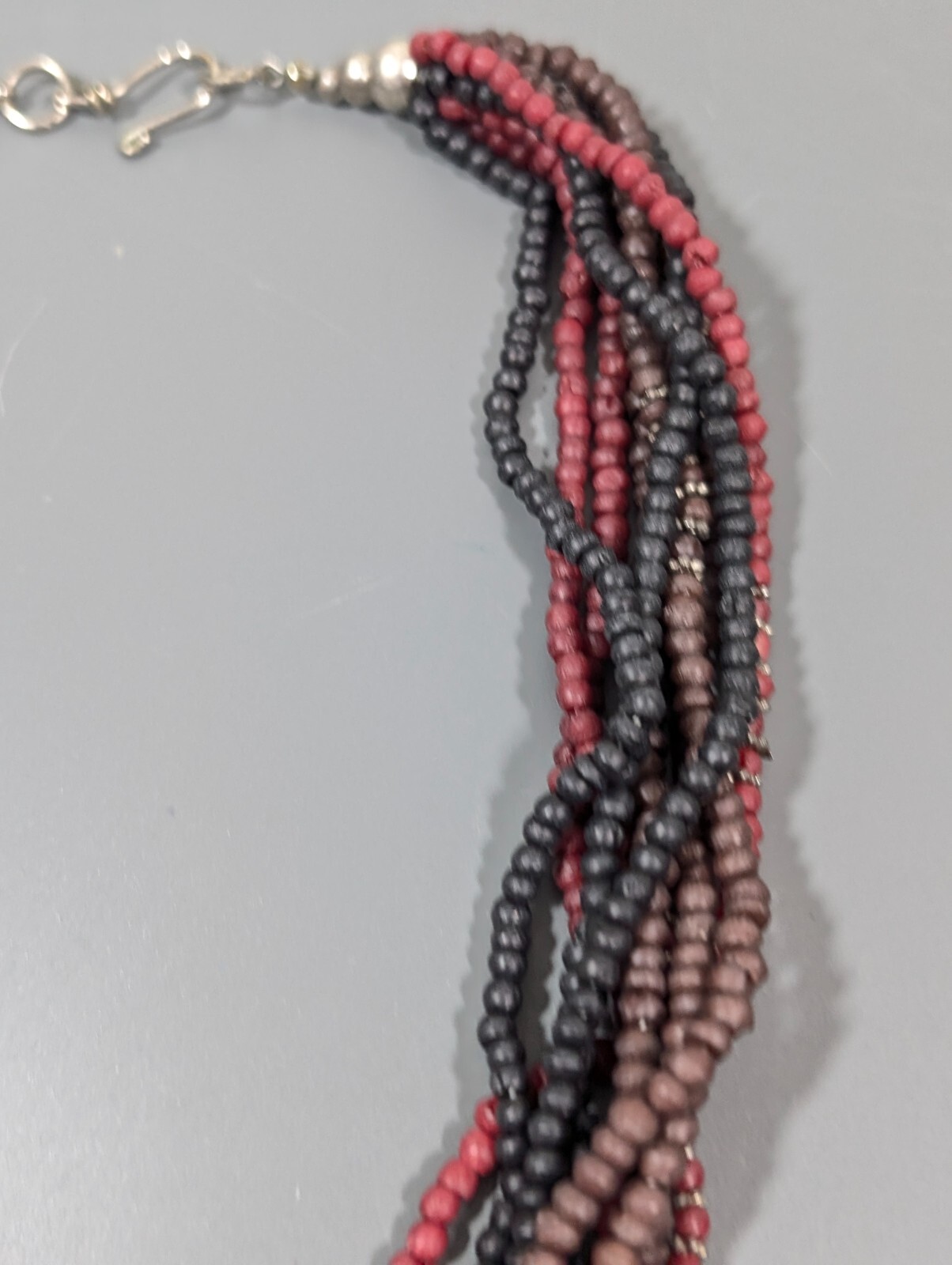 Red Black Beaded Leaf Pendant Multi Strand Statement Necklace Tribal Boho 22 in