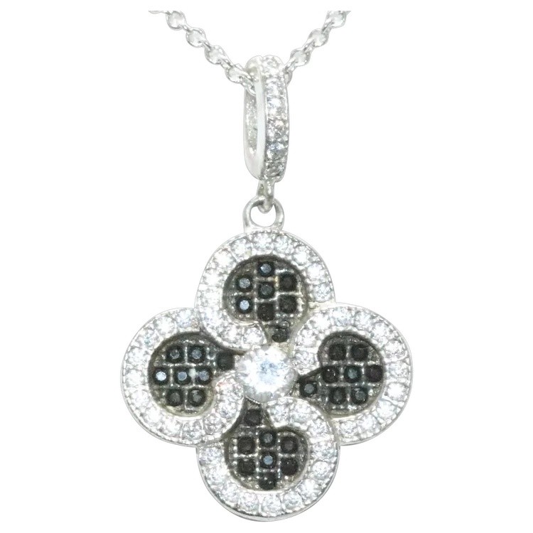 Sterling Silver Black And White Cubic Zirconia Clover Necklace