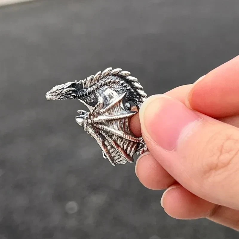 New Vintage Gothic Punk Dragon Ring Adjustable Pterosaur Wings Retro Silver Men’