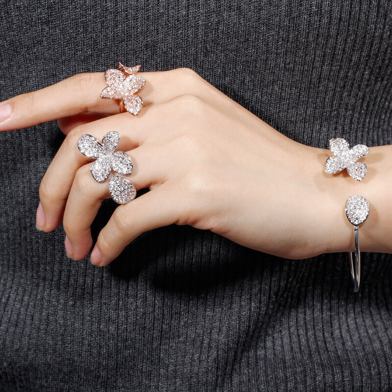 Rose Gold Plated Flower Cuff Bangle Bracelet and Ring Women CZ Party Jewelry Set