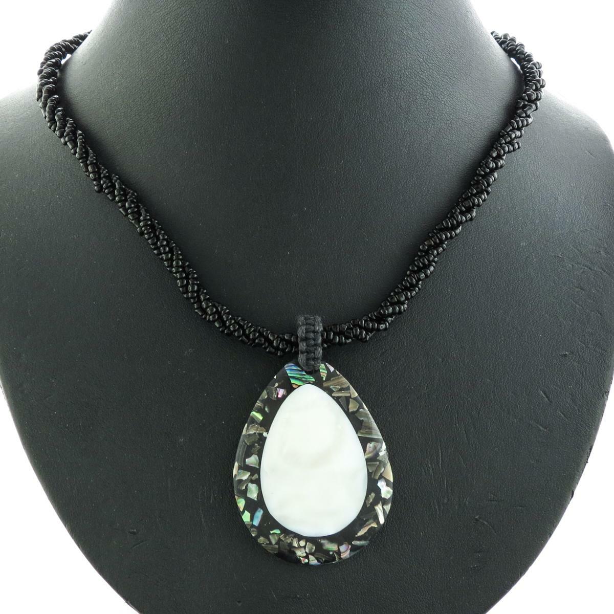 Teardrop Paua Abalone Mother Of Pearl Shell Black Beads Necklace, 2 1/8″