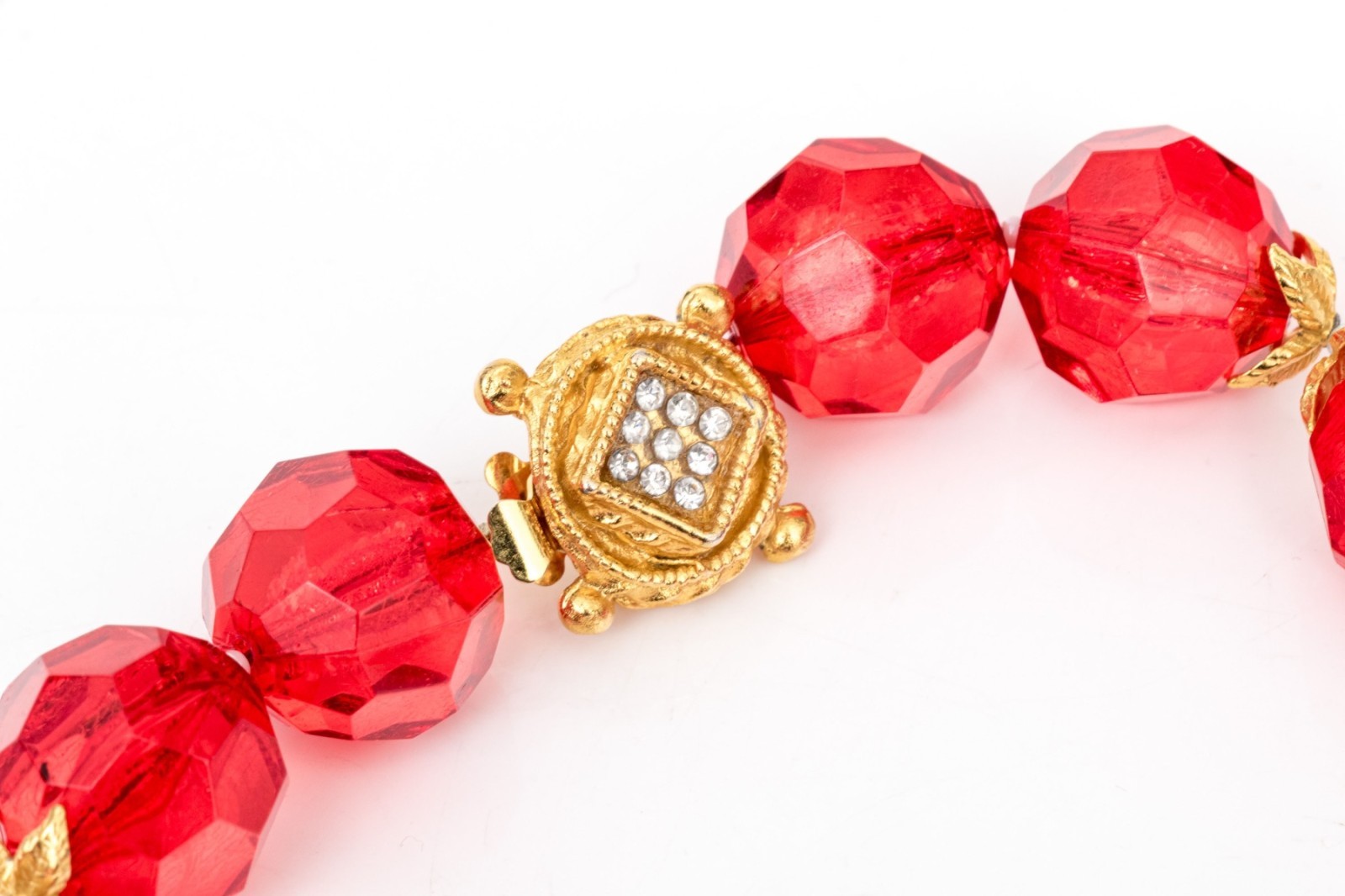 Vintage Yosca Red Glass Bead Necklace & Earring Set, Rhinestone Enamel Statement