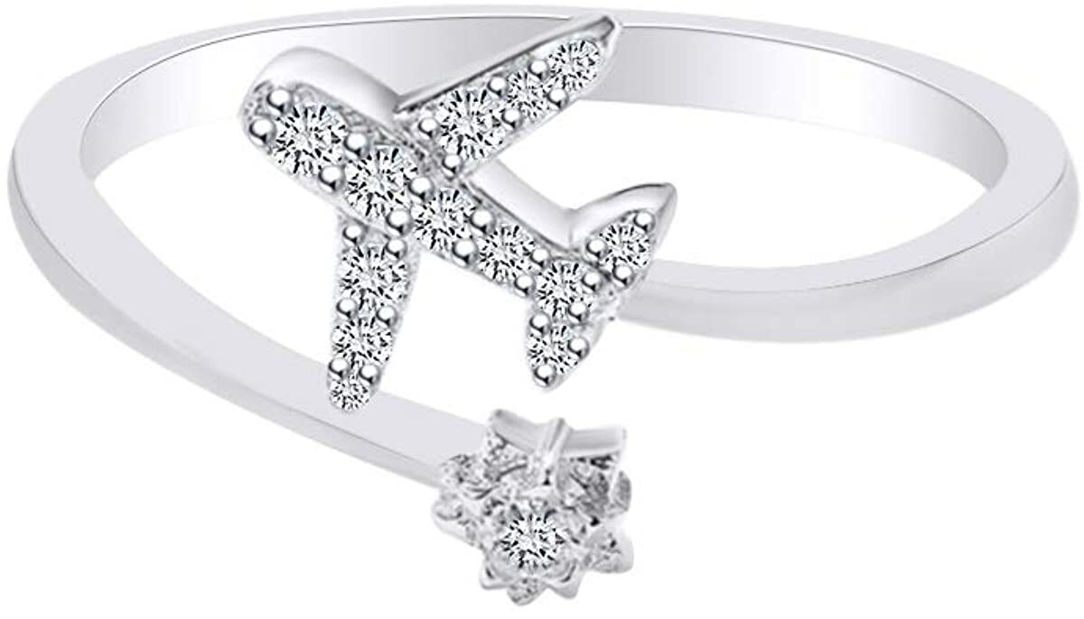 Simulated Round Diamond Adjustable Aeroplane Ring 14k White Gold Plated Silver