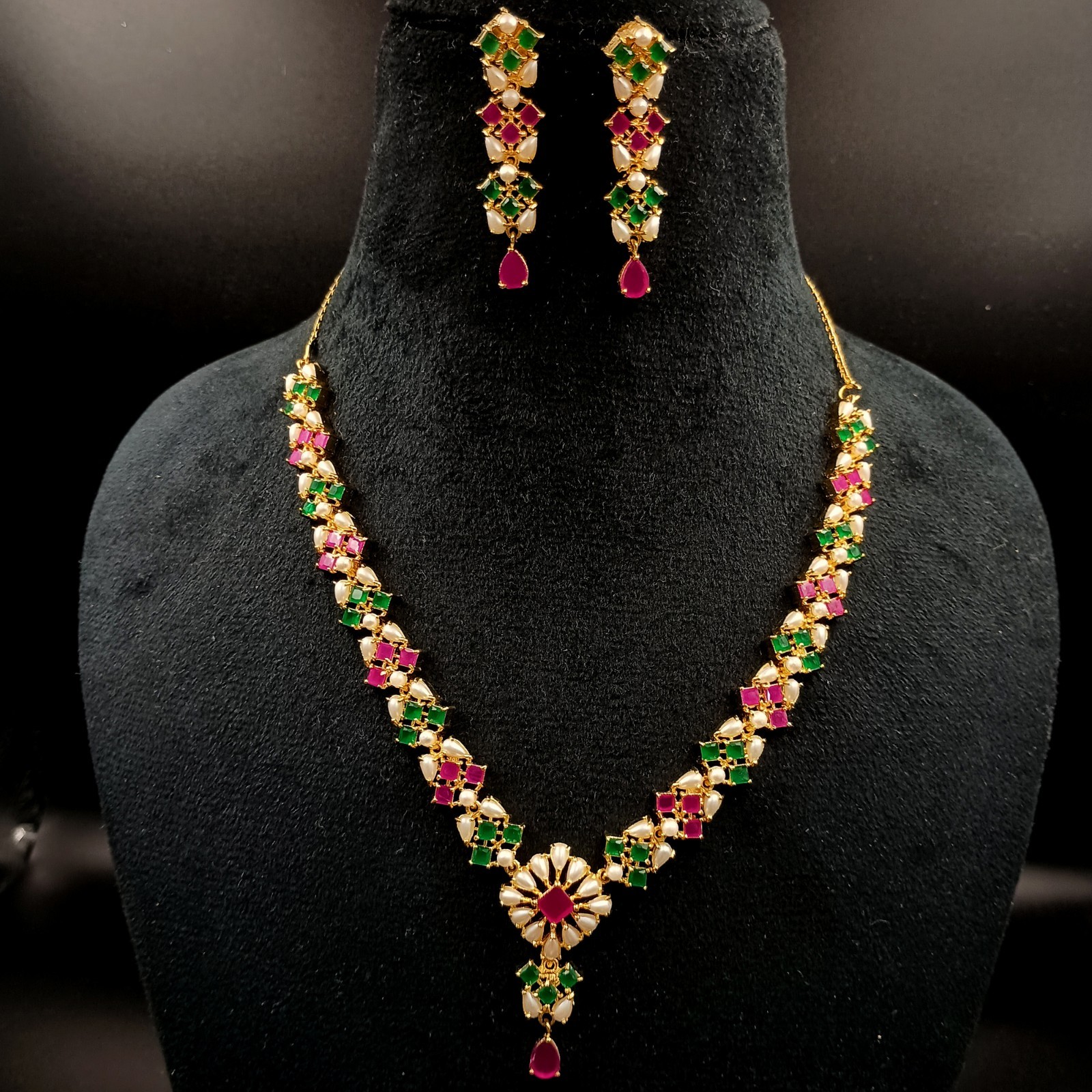 Bollywood Style Ruby Emerald Pearl 22K Gold Plated Jewelry Necklace Earrings Set