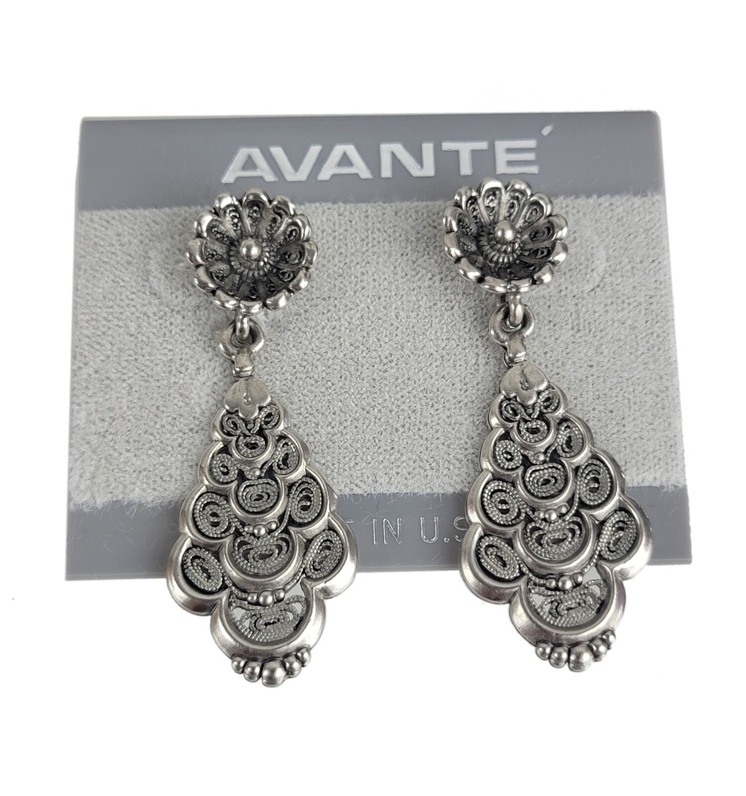 Avante Silver Tone Filigree Textured Dangle Earrings Pierced 2 1/8″ Made in USA