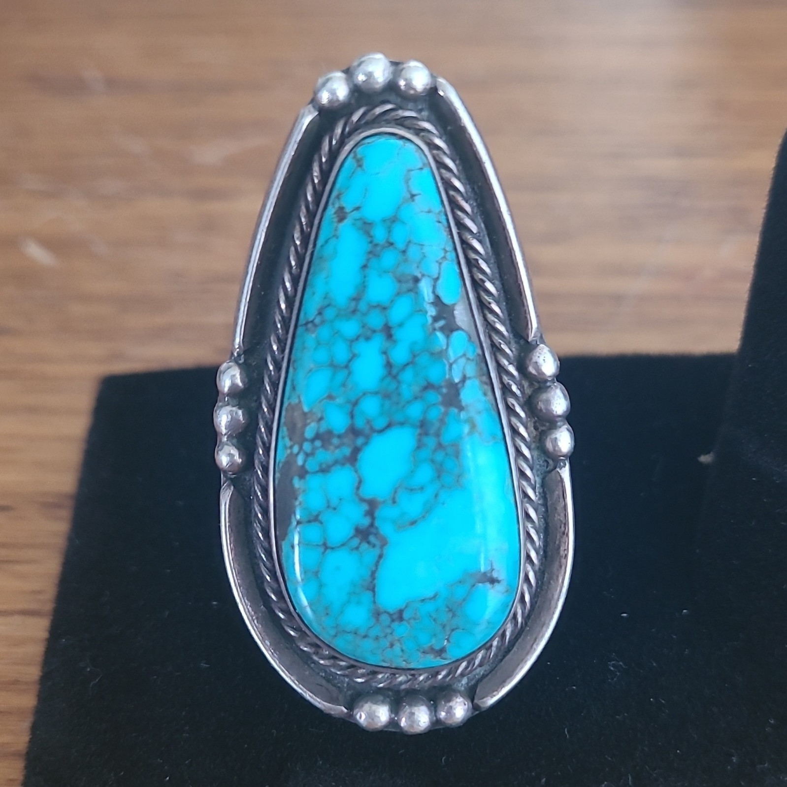 925 Sterling Silver Teardrop Blue Turquoise Bezel Set Statement Ring Size 6.75