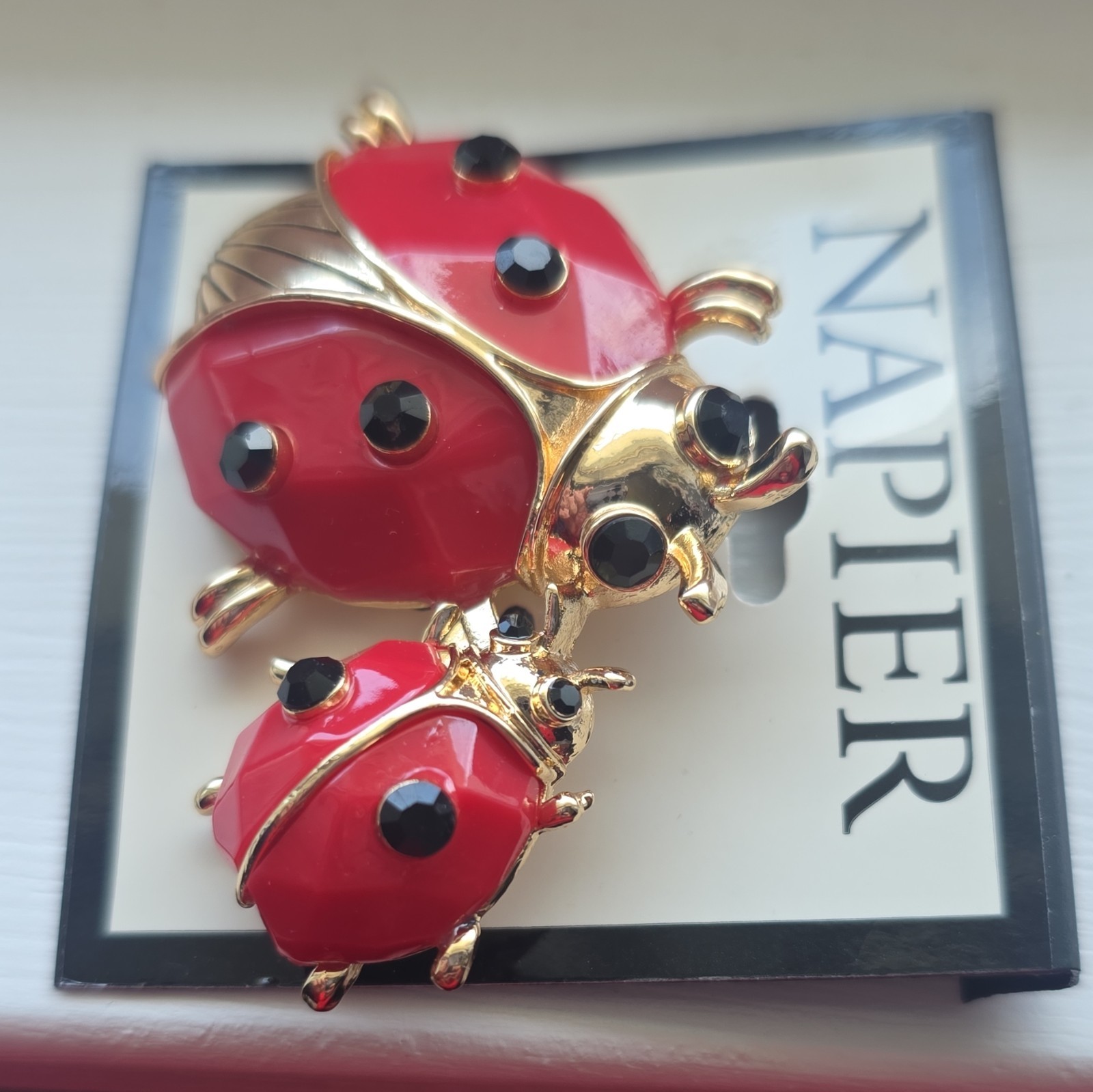Napier Ladybug Brooch Pin Red/Gold/Black Enamel with Crystal Accents