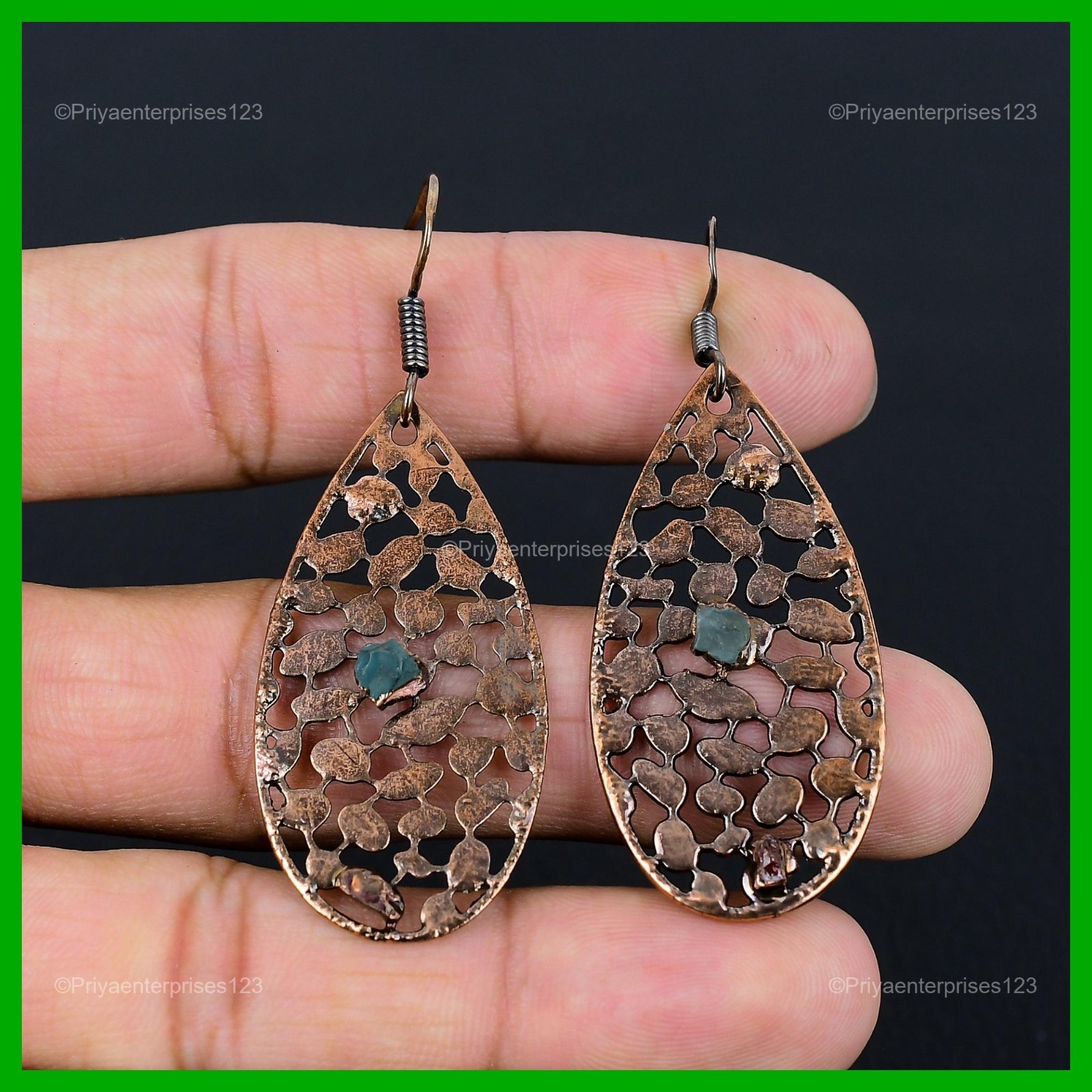 Pentagon Natural Chrome Diopside Copper Daughter New Electroformed Drop Earrings
