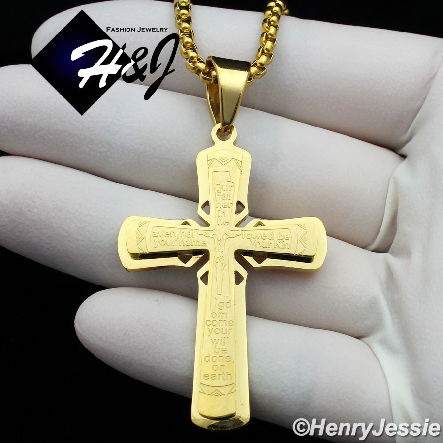 18-36″MEN Stainless Steel 3mm Gold Plated Box Chain Bible Cross Pendant*GP119