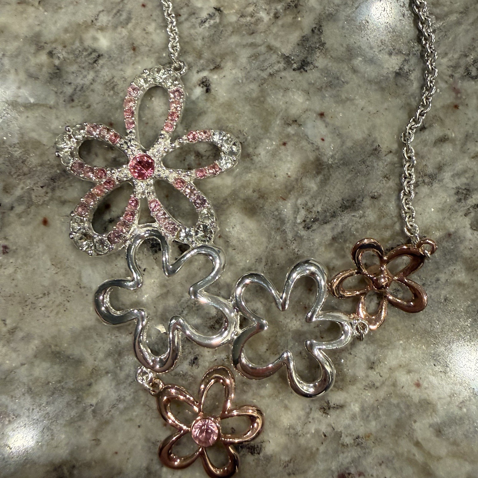 Multi-Flower Pendant Necklace with Pink Accents