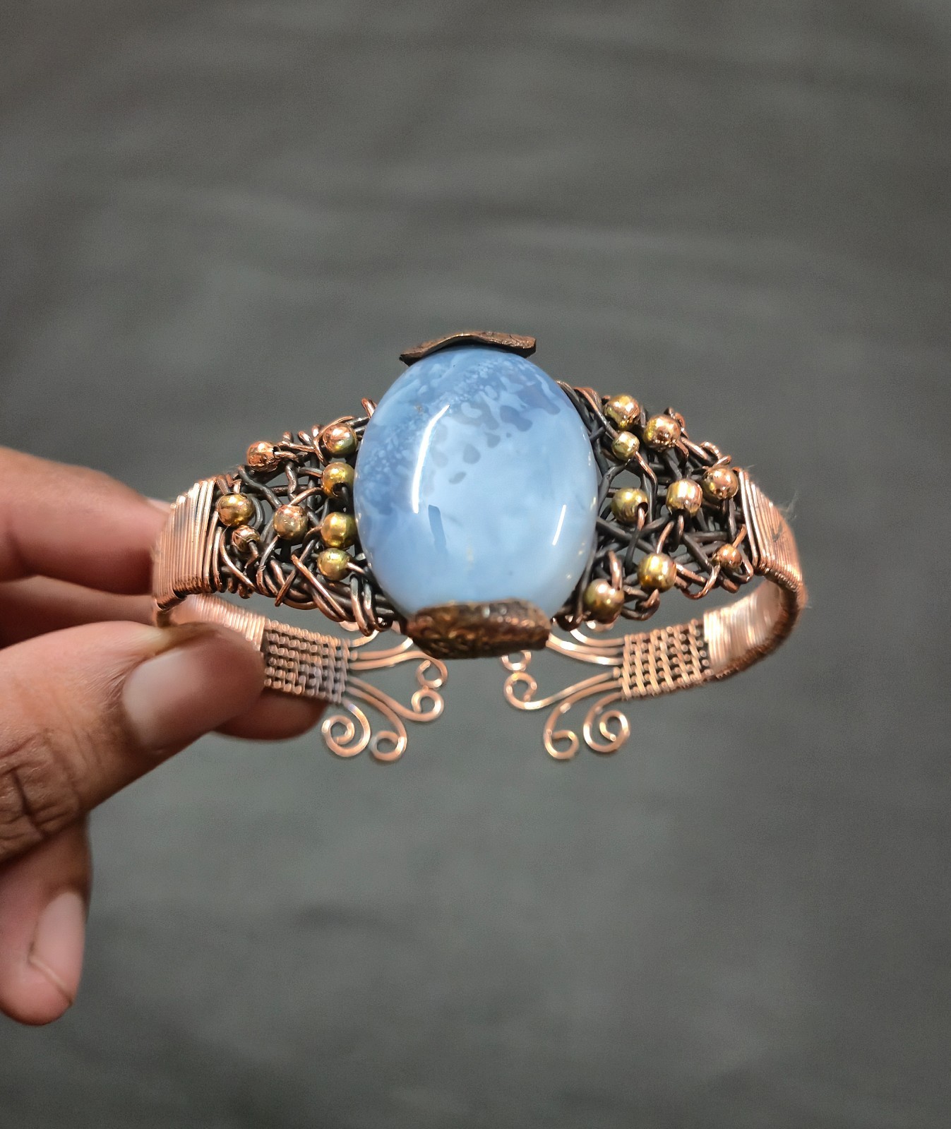 Owyhee Opal Gemstone Bracelet Copper Wire Wrapped Cuff Adjustable Bracelet