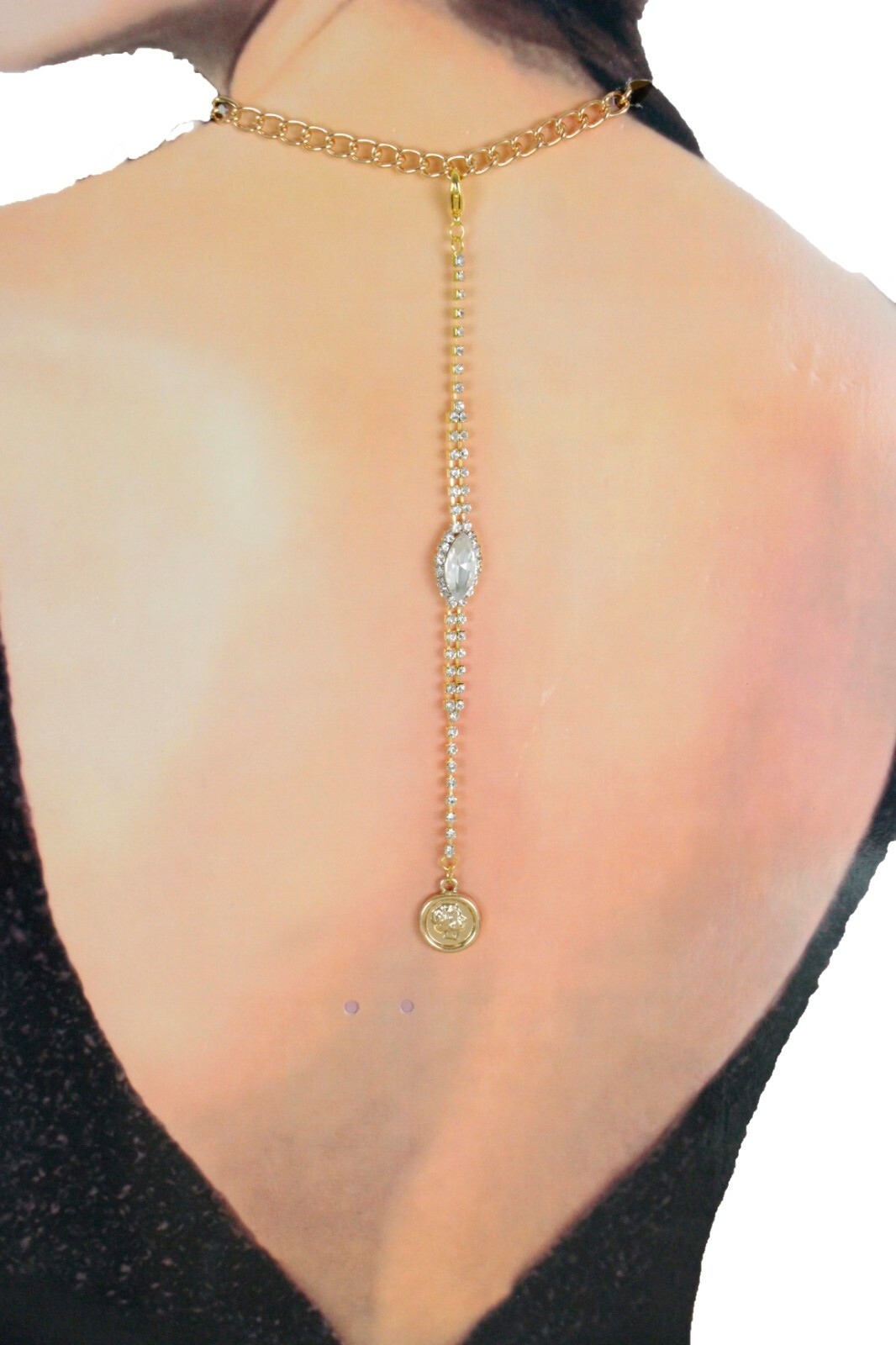 Women Open Back Dressy Long Necklace Pendant Gold Metal Chain Links Coin Charm