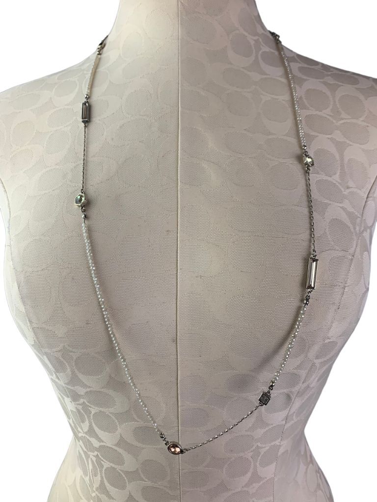 Loft 36″ Strand String Necklace Off White Crystal Beads Green Yellow Inlays with