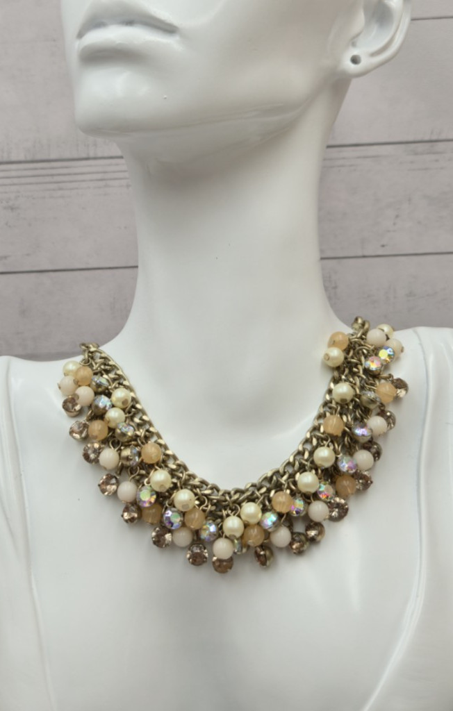 Lydell NYC Statement Necklace Chunky Beaded Rhinestone Gold Tone Bib Style 229
