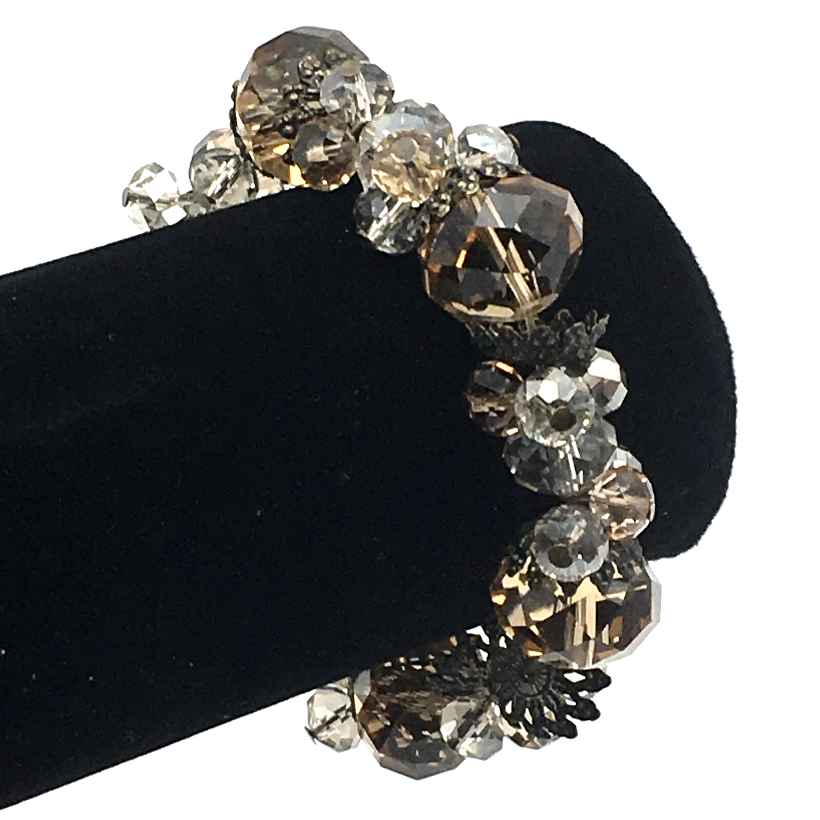 Large Smokey Quartz BronzeTone End Caps & Faceted Clear Crystal Stretch Bracelet