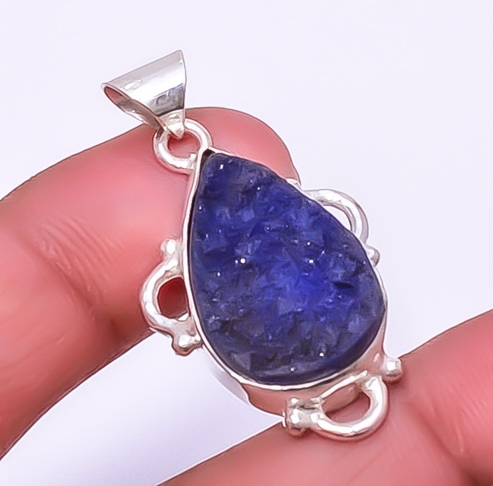 Natural Blue Quartz Drusy Gemstone 925 Silver Plated Pendant 1.56″ F2570