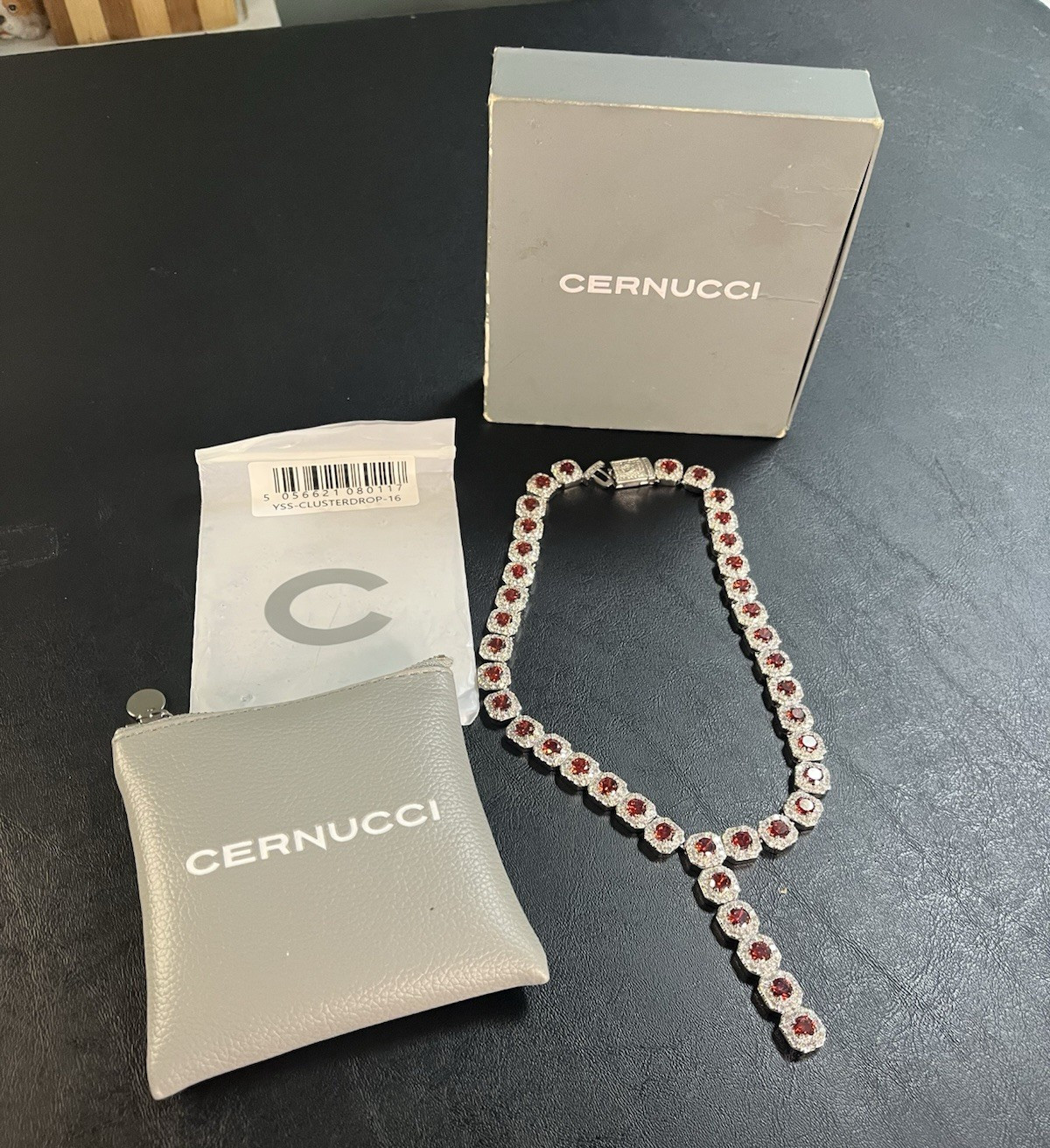Cernucci Silver Tone Red Crystal Tennis Necklace Cluster Drop 16″ Box Closure